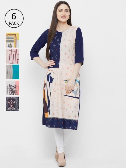

7Threads Women Multicoloured Pack of 6 Printed Straight Kurtas, Multi