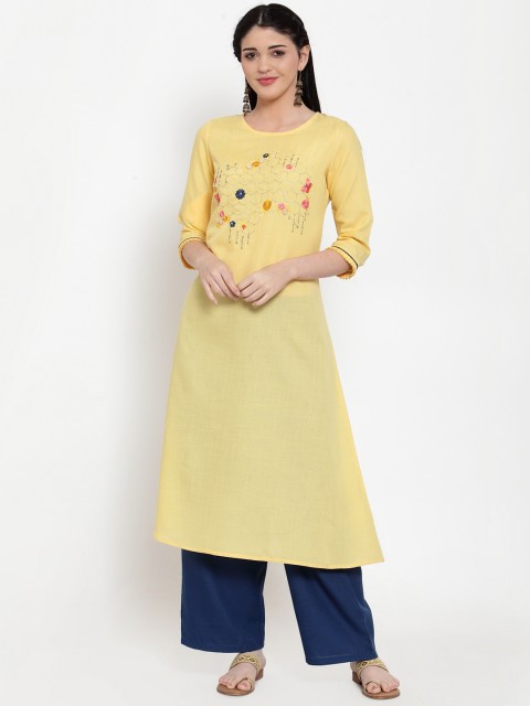 

ANAISA Women Yellow & Navy Blue Embroidered Kurta with Palazzos