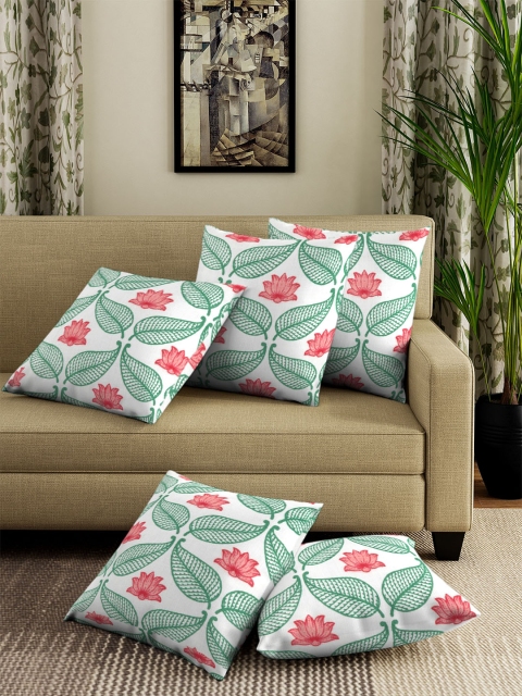 

NEUDIS White & Green Set of 5 Floral Square Cushion Covers