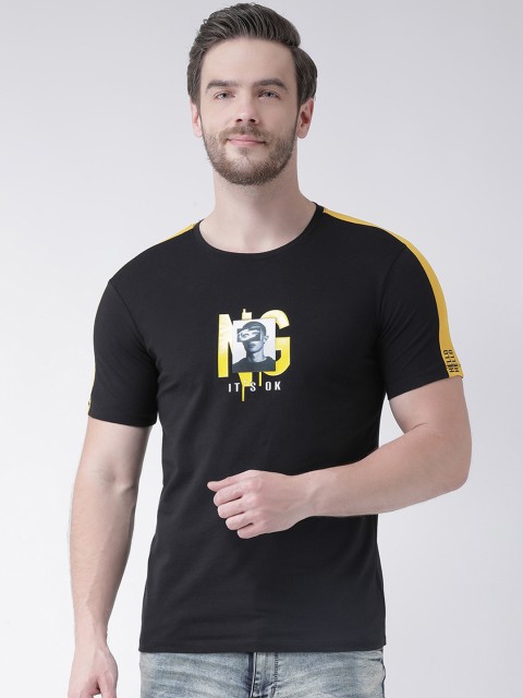 

Rex Straut Jeans Men Black & Yellow Printed Round Neck T-shirt with Side Stripes