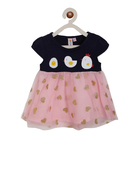 

Kids On Board Girls Navy Blue & Pink Printed Fit and Flare Dress
