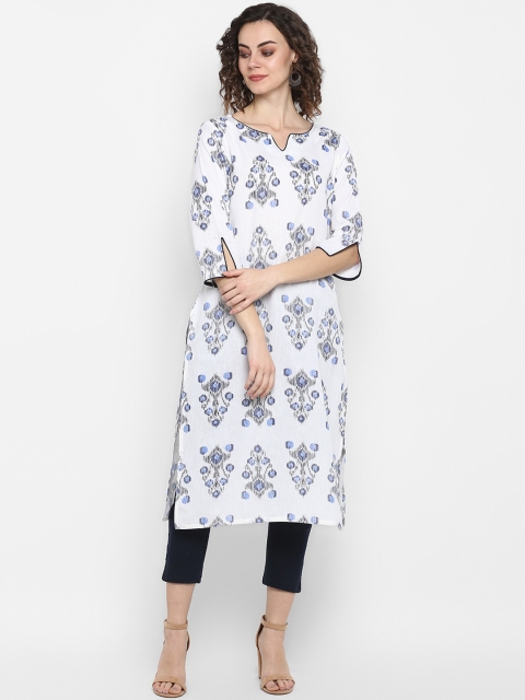 

Janasya Women White & Black Printed Straight Kurta