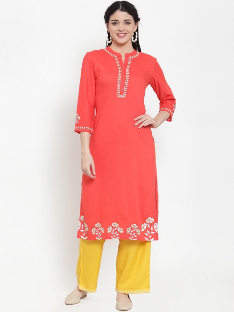 

ANAISA Women Coral Pink & Yellow Embroidered Kurta with Palazzos