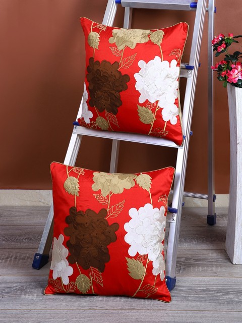 

eyda Red & Beige Set of 2 Applique Square Cushion Covers