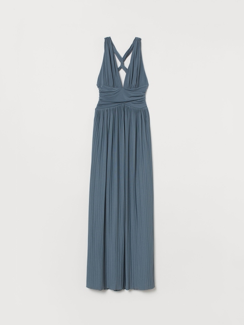 

H&M Women Blue Solid Pleated Maxi Dress