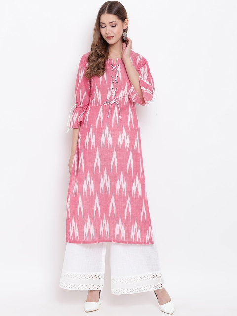 

Shakumbhari Women Pink & White Ikkat Printed Straight Kurta