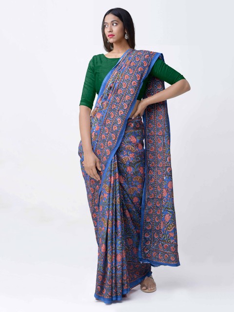 

Unnati Silks Blue & Peach-Coloured Silk Blend Printed Saree With Hand Block Prints
