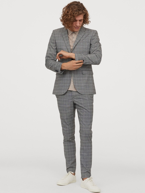 

H&M Men Grey & White Checked Suit Trousers Skinny Fit