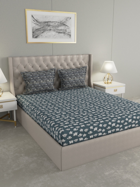 

Trident Green & Grey Floral 144 TC Cotton 1 Queen Bedsheet with 2 Pillow Covers