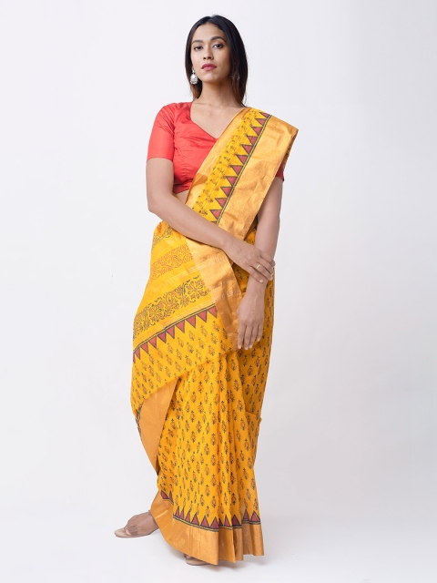 

Unnati Silks Yellow Pure Kanchi Cotton Printed Kanjeevaram Handloom Saree