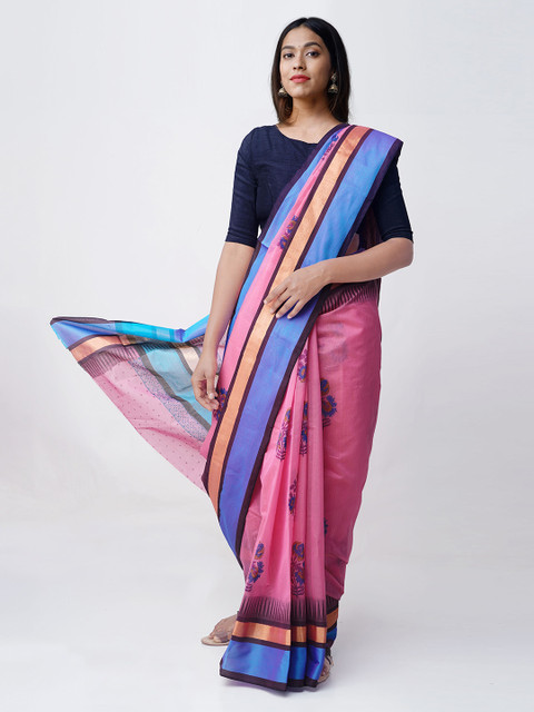 

Unnati Silks Pink & Blue Pure Cotton Printed Block Print Handloom Sustainable Saree