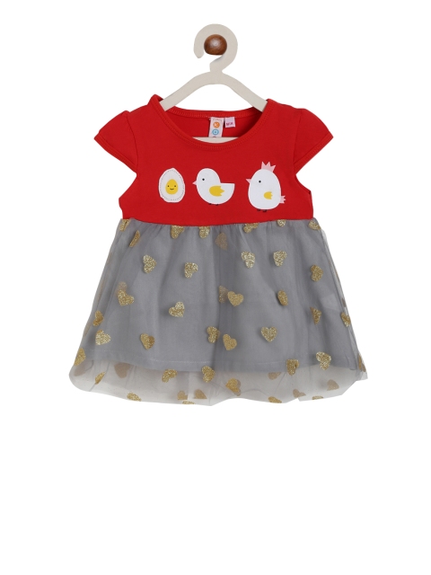 

Kids On Board Girls Red & Grey Glitter Heart Printed Fit and Flare Dress