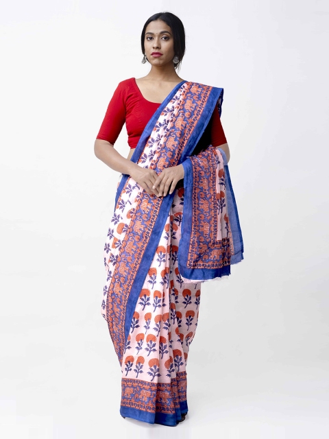 

Unnati Silks White & Orange Art Silk Printed Bagru Handloom Saree