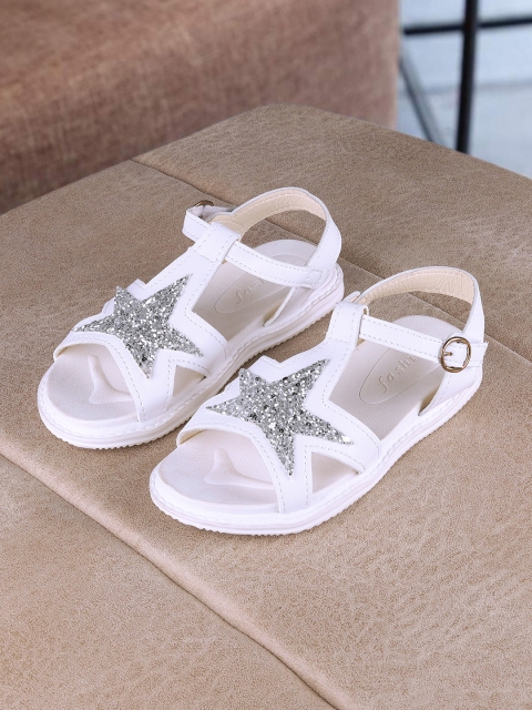 

Walktrendy Girls White & Silver-Toned Embellished Open Toe Flats