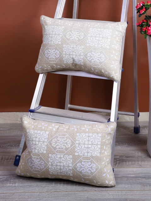

eyda Beige & White Set of 2 Embroidered Rectangle Cushion Covers