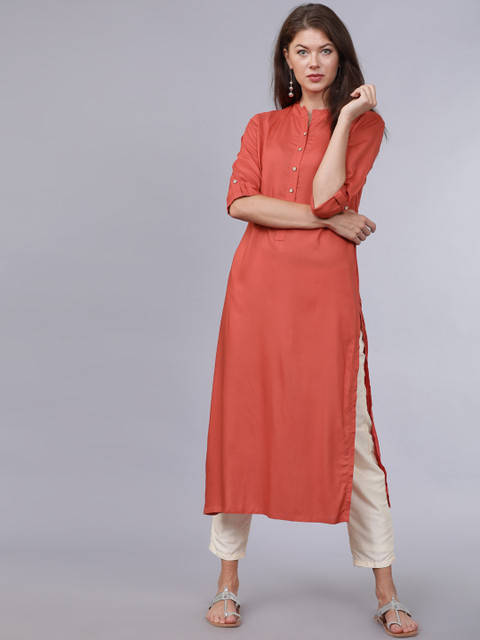 

Folklore Women Rust Red Solid Straight Kurta