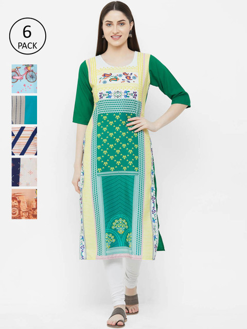 

7Threads Women Pack Of 6 Printed Straight Kurta, Green