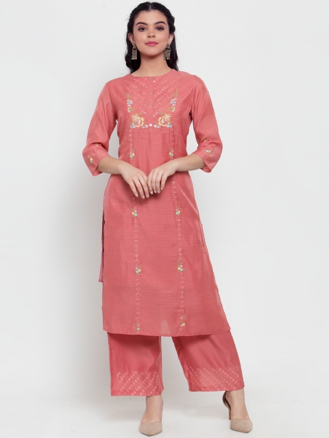 

ANAISA Women Coral Pink Embroidered Kurta with Palazzos