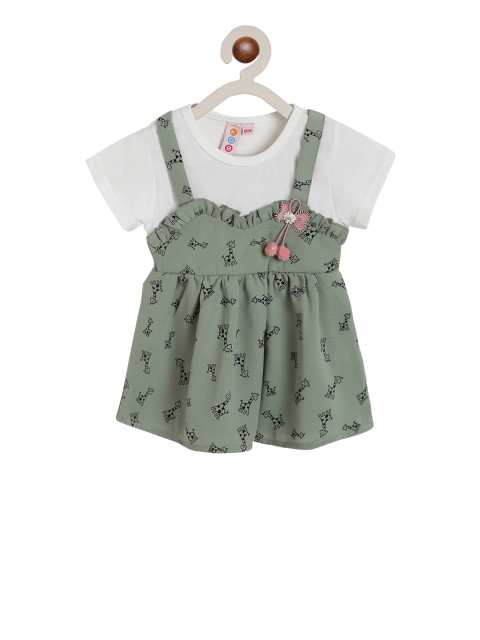 

Kids On Board Girls Green & White Printed Pinafore Dress