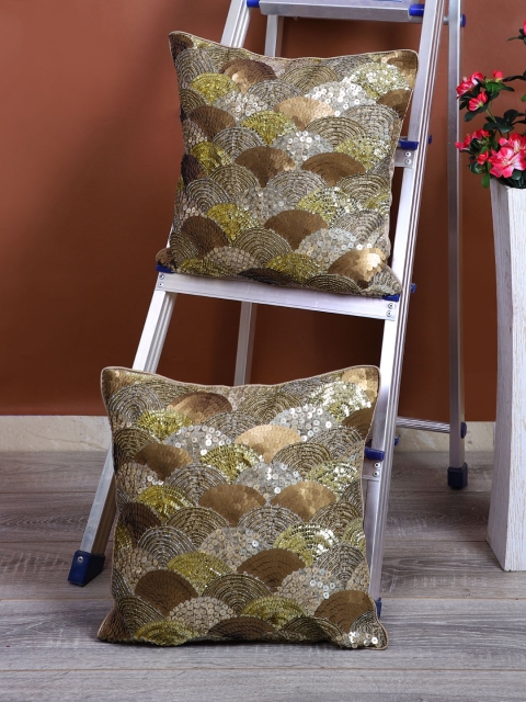 

eyda Gold-Toned & Copper-Toned Set of 2 Sequined Square Cushion Covers