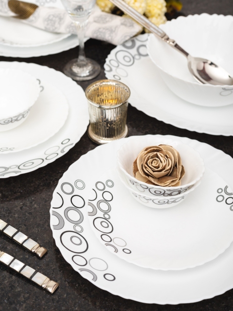 

Laopala Set Of 33 White & Grey Printed Misty Drops Opalware Dinner Set