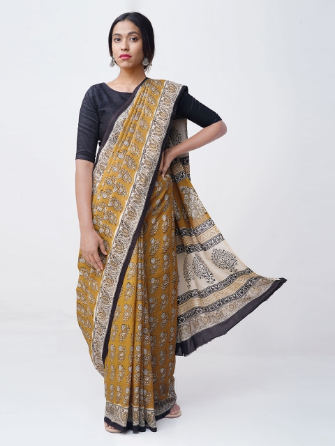 

Unnati Silks Yellow & Off-White Art Silk Printed Bagru Handloom Saree