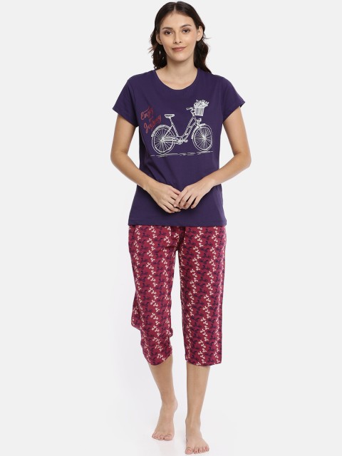 

Ellete Women Navy Blue & Maroon Printed Night Suit