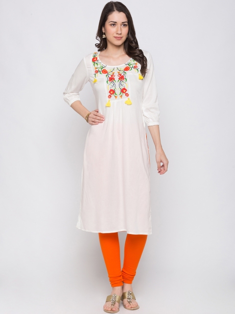 

Globus Women White Embroidered Straight Kurta