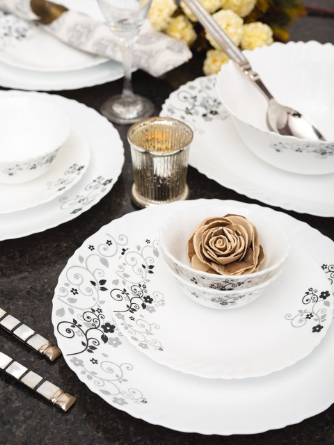 Laopala White & Grey Printed Mystrio Opalware 33 Pieces Dinner Set