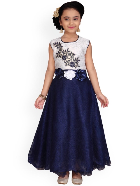 

Kidling Girls Navy Blue & White Printed Maxi Dress