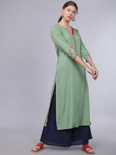 

Folklore Women Green Solid Straight Kurta