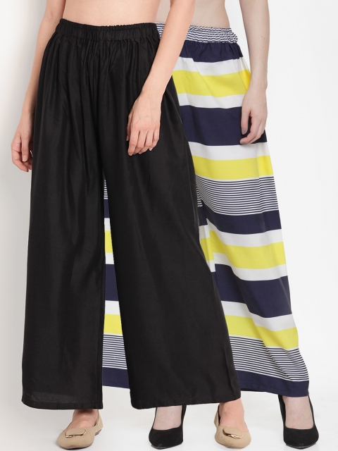 

TAG 7 Women Pack of 2 Black & Navy Blue Printed Flared Palazzos
