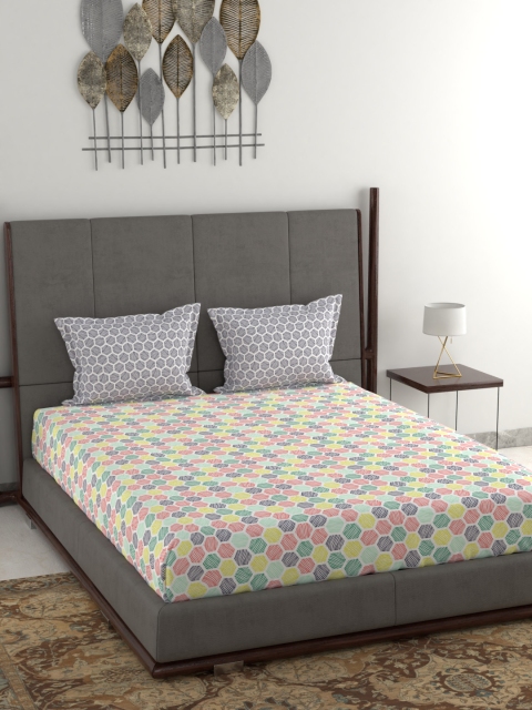 

Trident Yellow & Green Geometric 144 TC Cotton 1 Queen Bedsheet with 2 Pillow Covers
