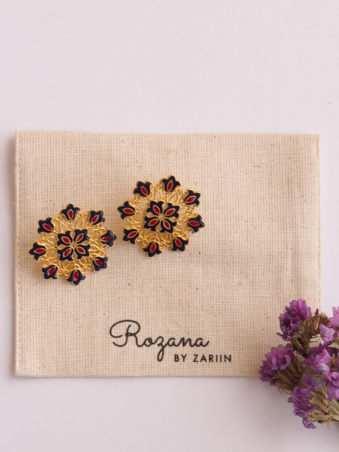 

Zariin Gold-Plated & Navy Blue Enamelled Floral Studs