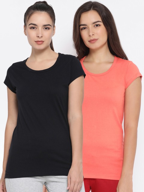 Macrowoman W-Series Women Set Of 2 Solid Round Neck T-shirt, Coral