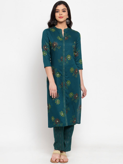 

ANAISA Women Teal Green Embroidered Kurta with Trousers