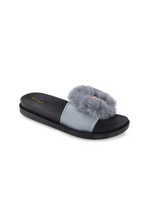

Shoetopia Women Grey & Black Embellished Sliders