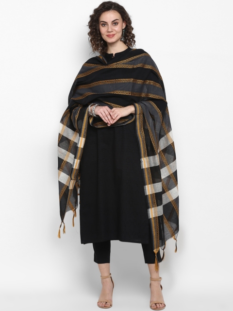 

Janasya Black & Yellow Striped Tasseled Dupatta