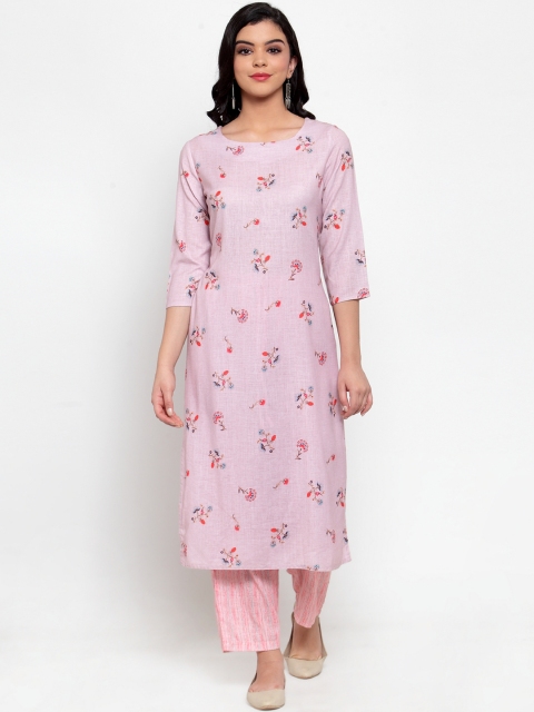 

ANAISA Women Pink Printed Linen Kurta with Trousers