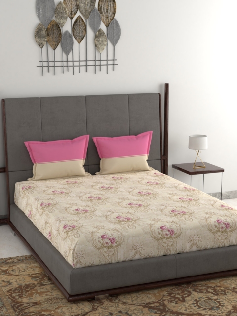 

Trident Beige & Pink Floral 144 TC Cotton 1 Queen Bedsheet with 2 Pillow Covers