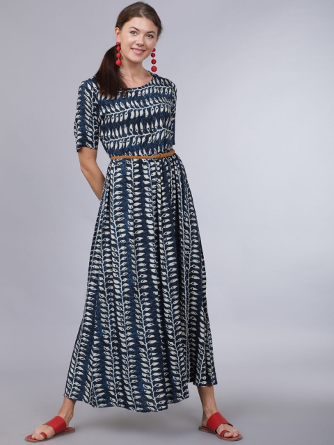

Folklore Women Navy Blue & White Floral Printed Maxi Kurta Dress