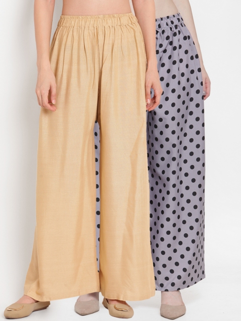 

TAG 7 Women Set Of 2 Beige & Grey Printed Flared Palazzos