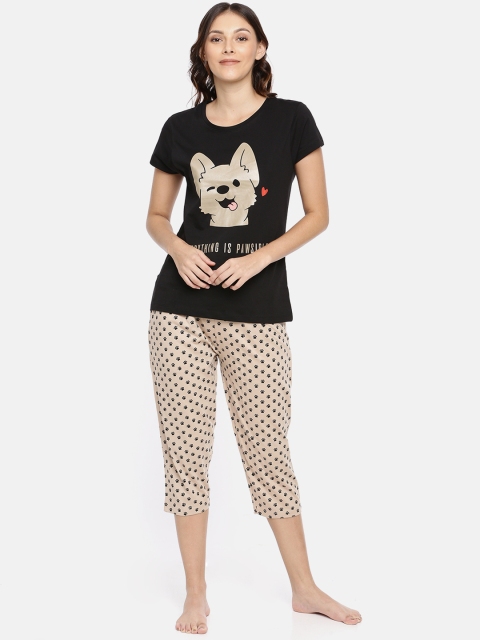 

Ellete Women Black & Beige Paws Printed Night Suit