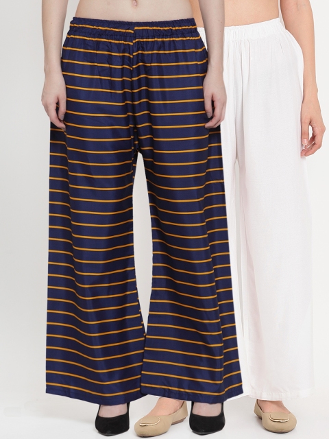 

TAG 7 Women Pack Of 2 White & Navy Blue Printed Flared Palazzos