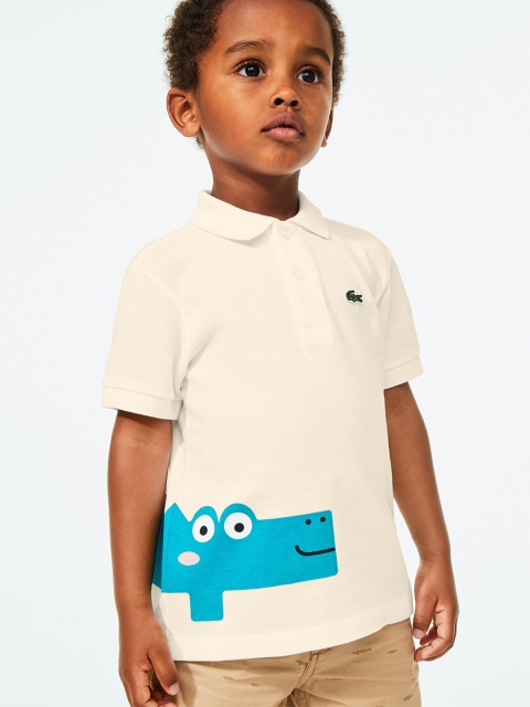 

Lacoste Boys Off-White & Turquoise Blue Crocodile Printed Polo Collar T-shirt