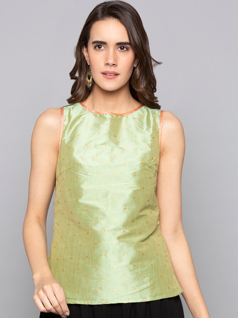 

Desi Weavess Women Lime Green Printed Sheen Top