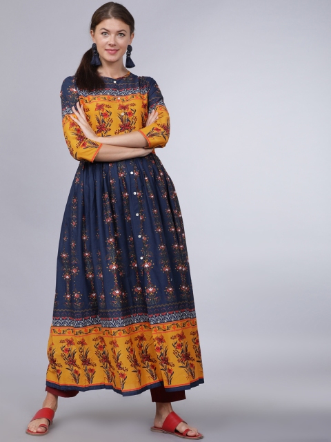 

Folklore Women Navy Blue & Yellow Printed A-Line Kurta