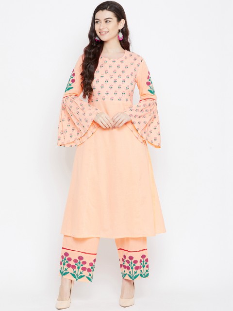 

Tulsattva Women Peach-Coloured & Blue Printed Kurta with Palazzos