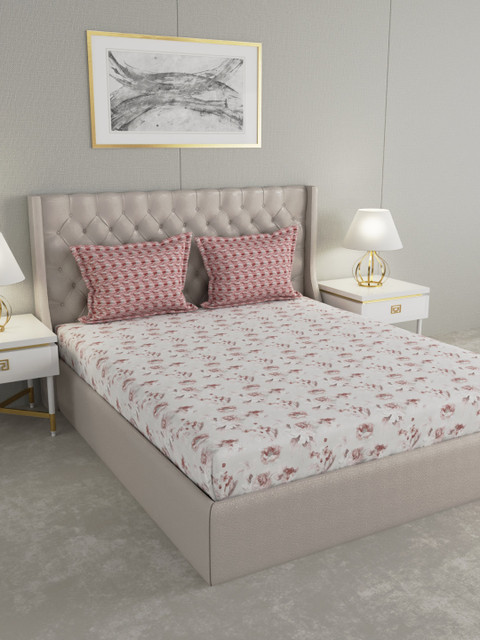 

Trident Beige & Red Floral 144 TC Cotton 1 Queen Bedsheet with 2 Pillow Covers