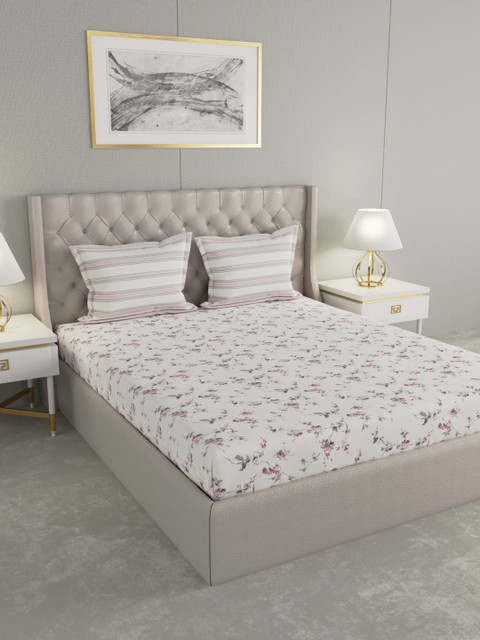 

Trident Off-White Floral 144 TC Cotton 1 Queen Bedsheet with 2 Pillow Covers